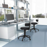 Two black TOP WORK FLEX swivel stools with fabric upholstery at a laboratory table by hjh OFFICE