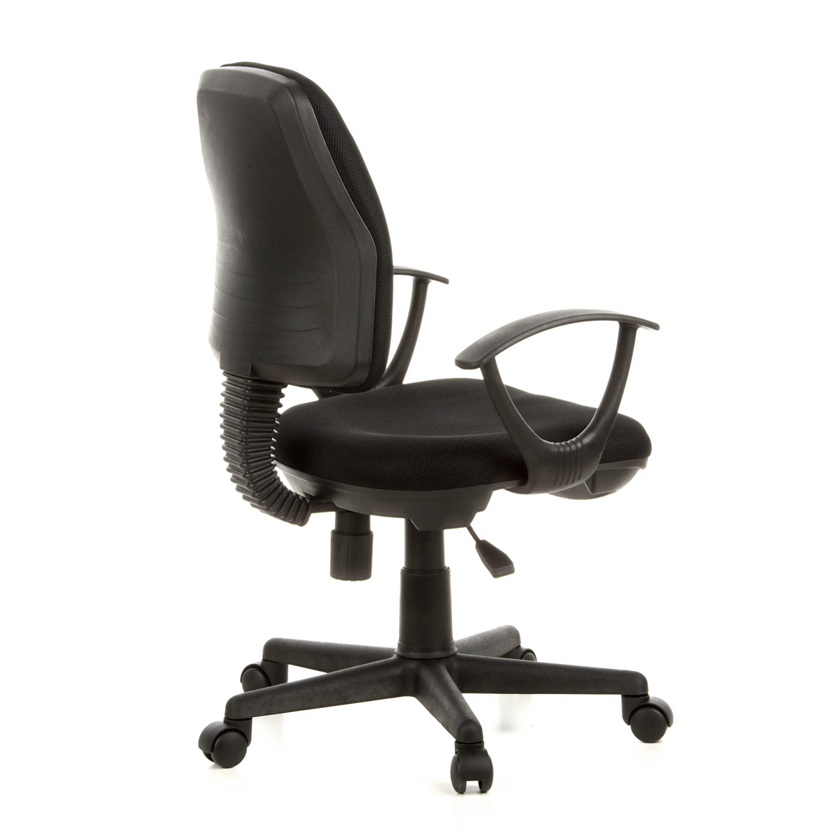 Black Home Office Chair CITY 10 with mesh back, armrests and five-caster base by hjh OFFICE – 360-degree view (rear three-quarter view 120°)