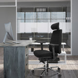 Black Professional Office Chair PHOENIX PRO I with headrest and armrests at a grey desk by hjh OFFICE