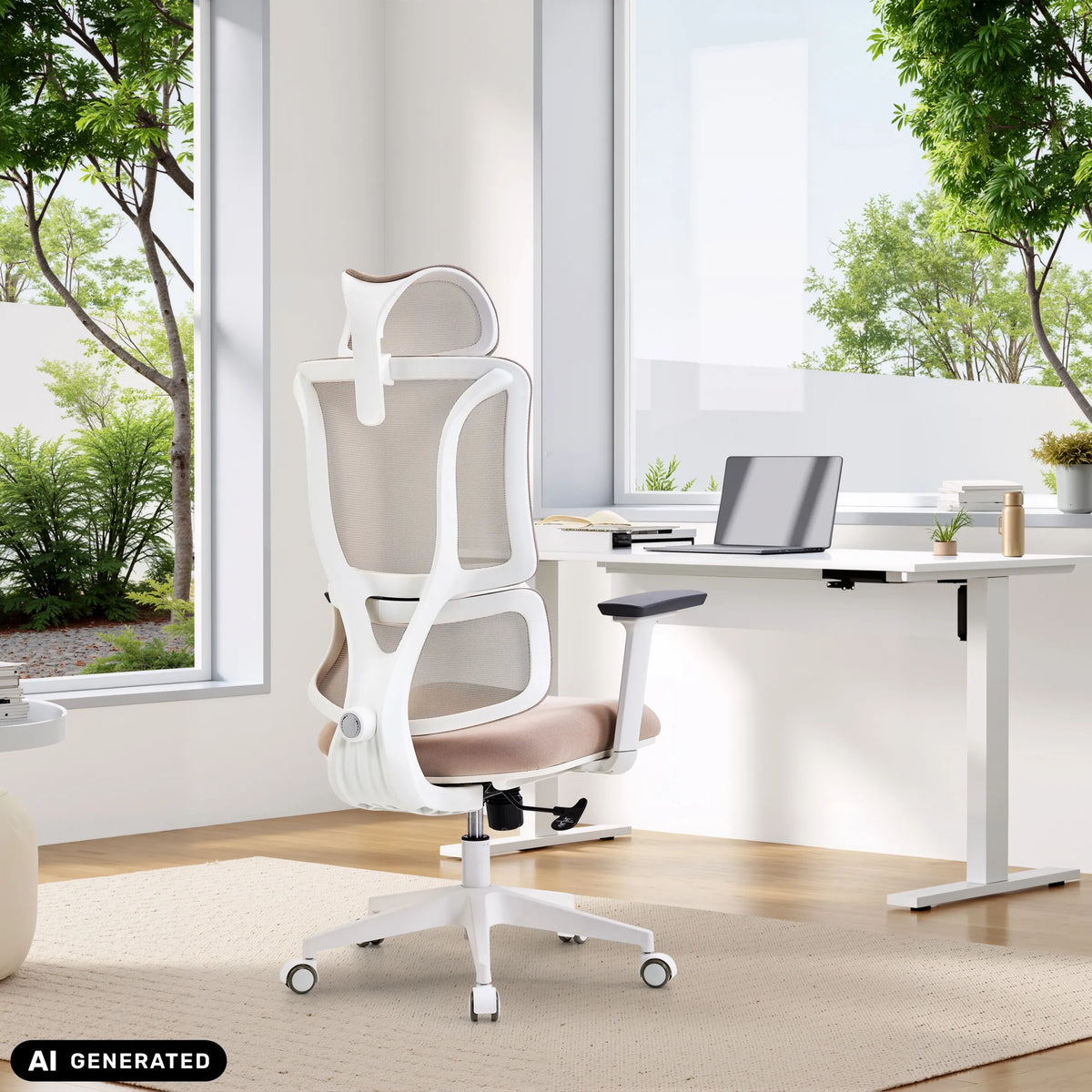 Professional Office Chair ERGOMY W in beige with a white frame and mesh back at a desk by MyBuero (AI-generated image)