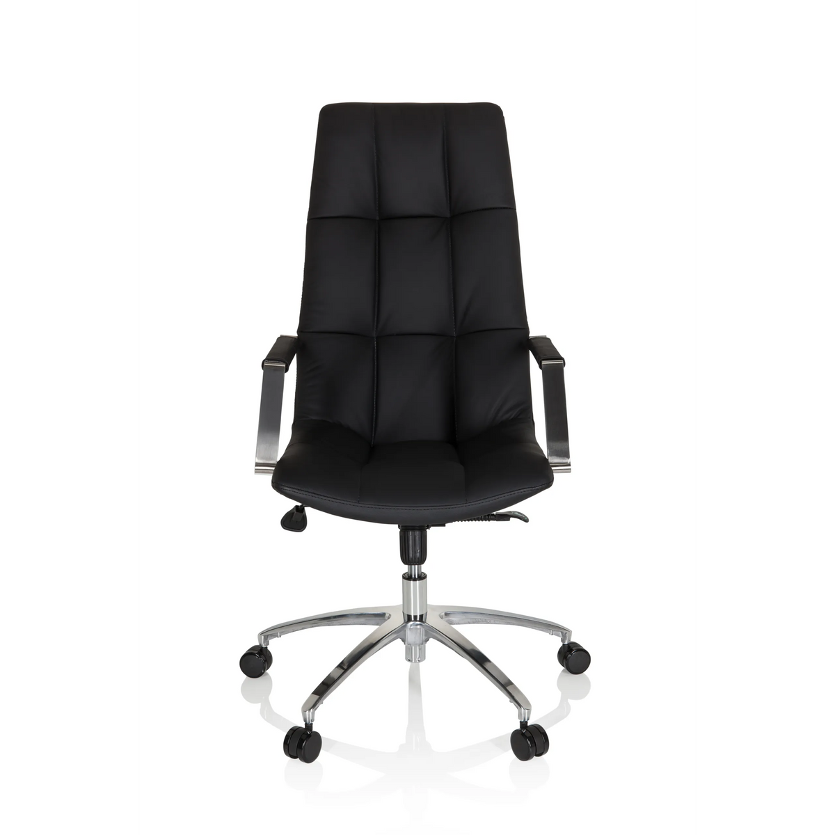 Black leather Home Office Executive Chair SARANTO PRO with glossy five-caster base by hjh OFFICE – 360-degree view (front view 0°)