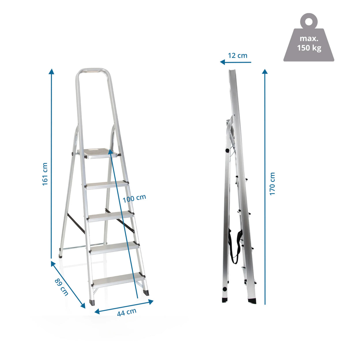 Dimensional drawing of the Folding Ladder SOLID III with a height of 170 cm and a load capacity of 150 kg by hjh OFFICE