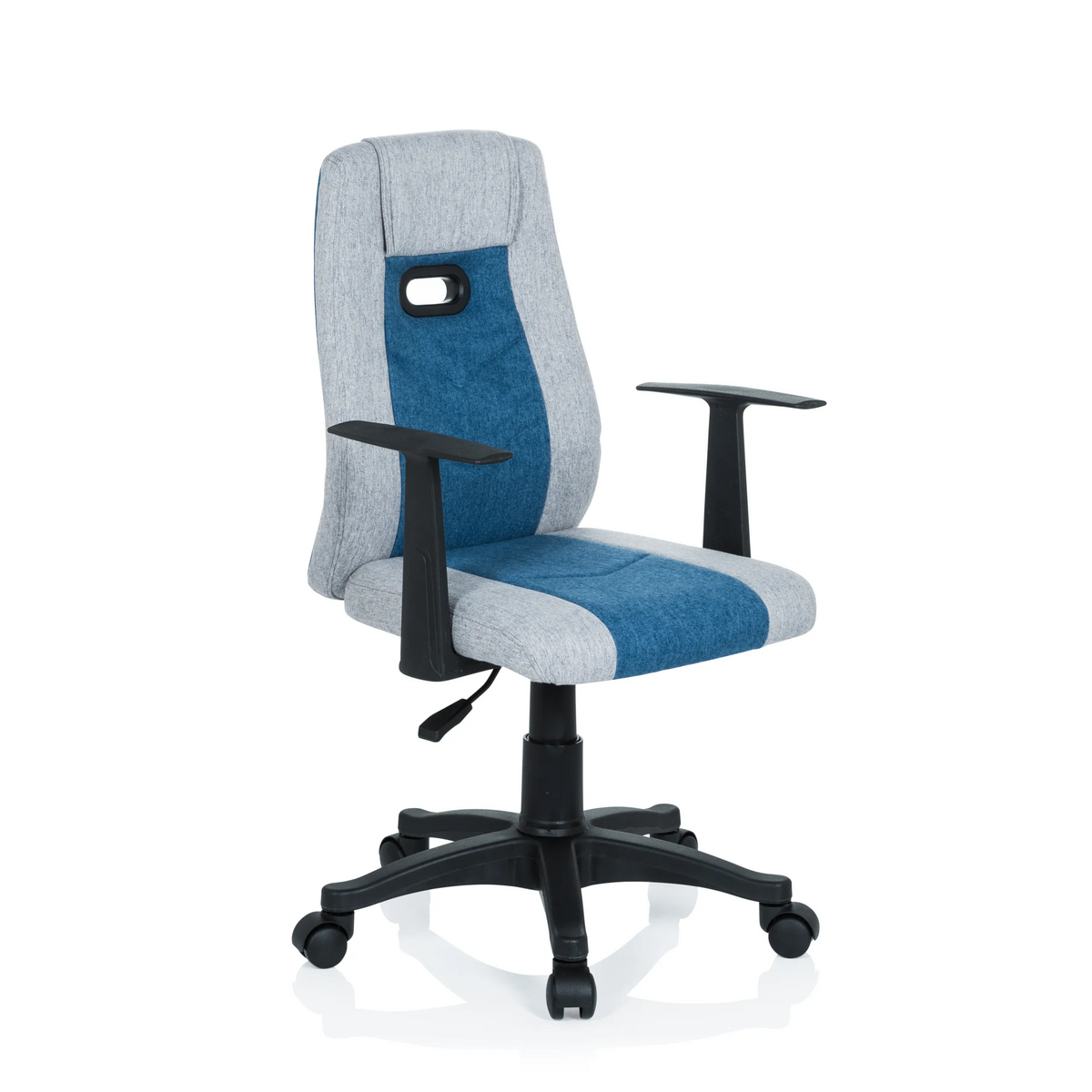 Grey-blue Swivel Chair – Children KIDDY EXTRA with armrests and five-caster base by hjh OFFICE – 360-degree view (front three-quarter view 40°)