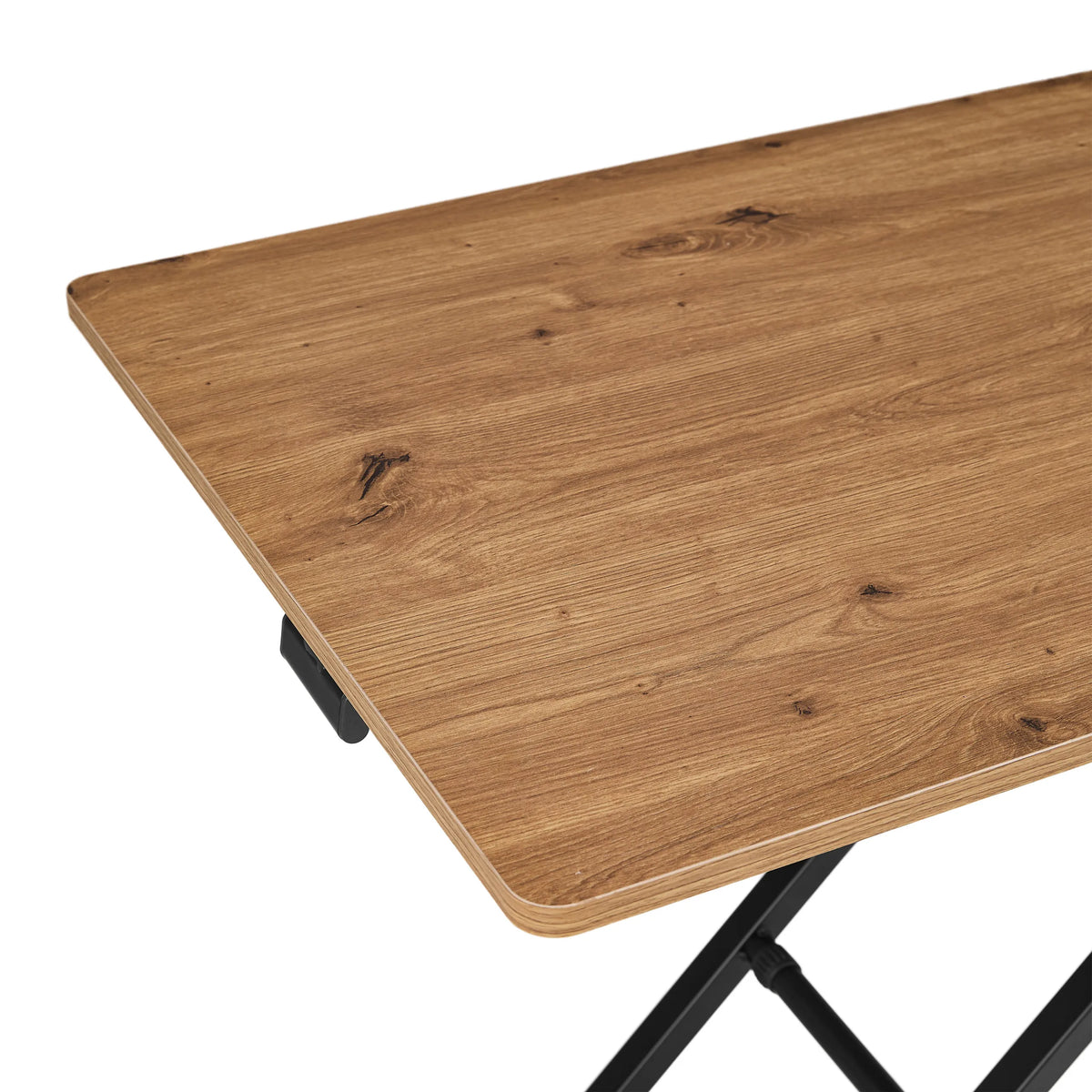 Oak wood grain of the tabletop with black underframe of the Worktime Lift table by hjh OFFICE