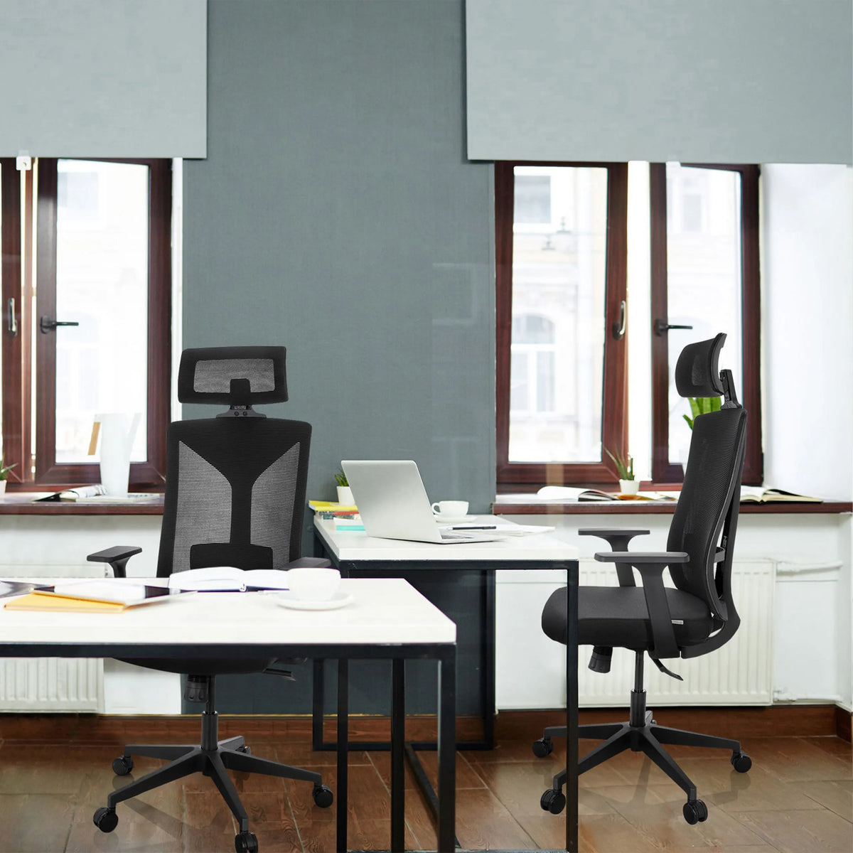 Two black Professional Office Chairs KODIAK with mesh backrests at white desks by hjh OFFICE
