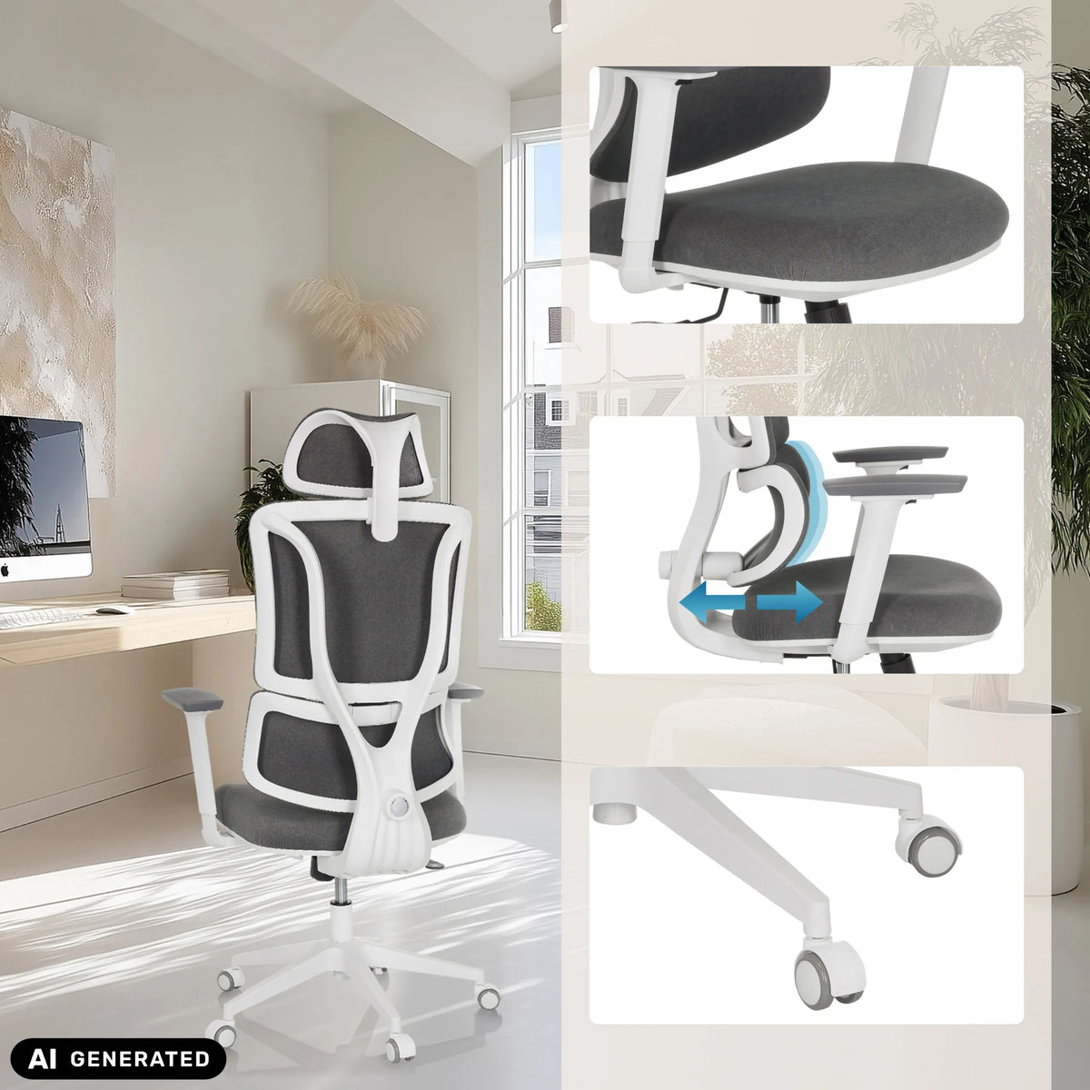 Home Office Chair ERGOMY WF in grey-white with adjustable armrests and castors by MyBuero (AI-generated image)