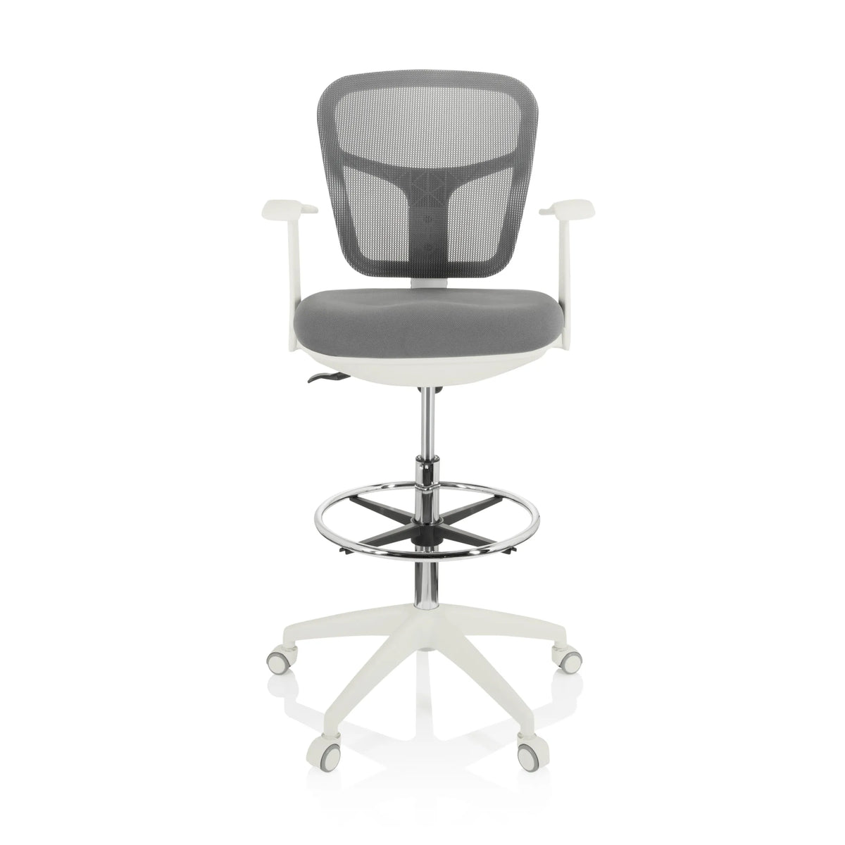 Grey TOP WORK 108 W counter chair with mesh back, footring and white five-caster base by hjh OFFICE – 360-degree view (front view 0°)