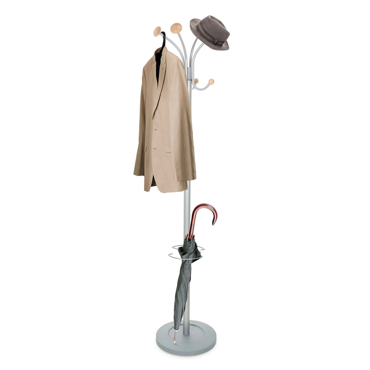 Coat Stand SPACE in silver with coat hooks, hat shelf and integrated umbrella holder by hjh OFFICE