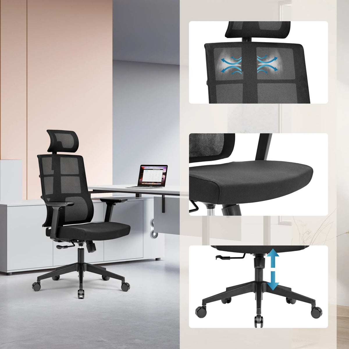 Professional Office Chair SPINIO PRO in black with mesh back, seat and height-adjustable base by hjh OFFICE