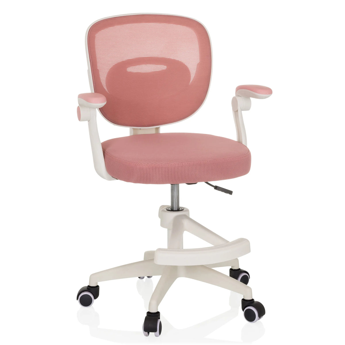 Pink Swivel Chair – Children KIDDY SMART with mesh back and five-caster base by hjh OFFICE – 360-degree view (front view 15°)