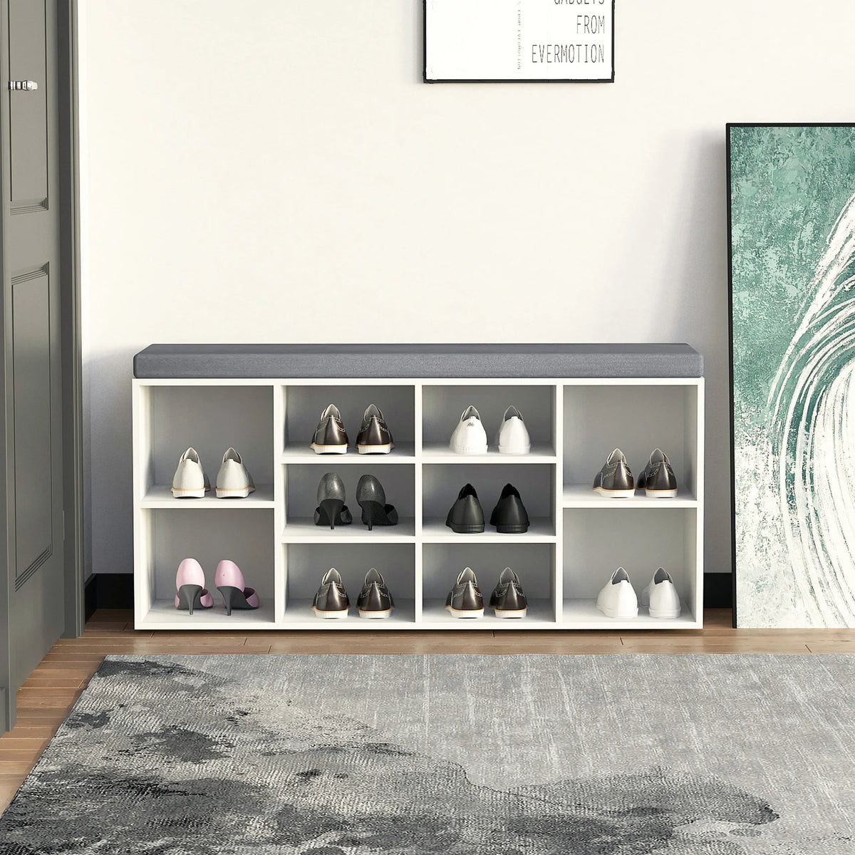 White Shoe Cabinet ESTHA 10 with grey seating area and nine open compartments by hjh LIVING