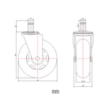 Technical drawing of the 76 mm diameter Castors 5x ROLO SKATE ST 11mm/75mm by hjh OFFICE