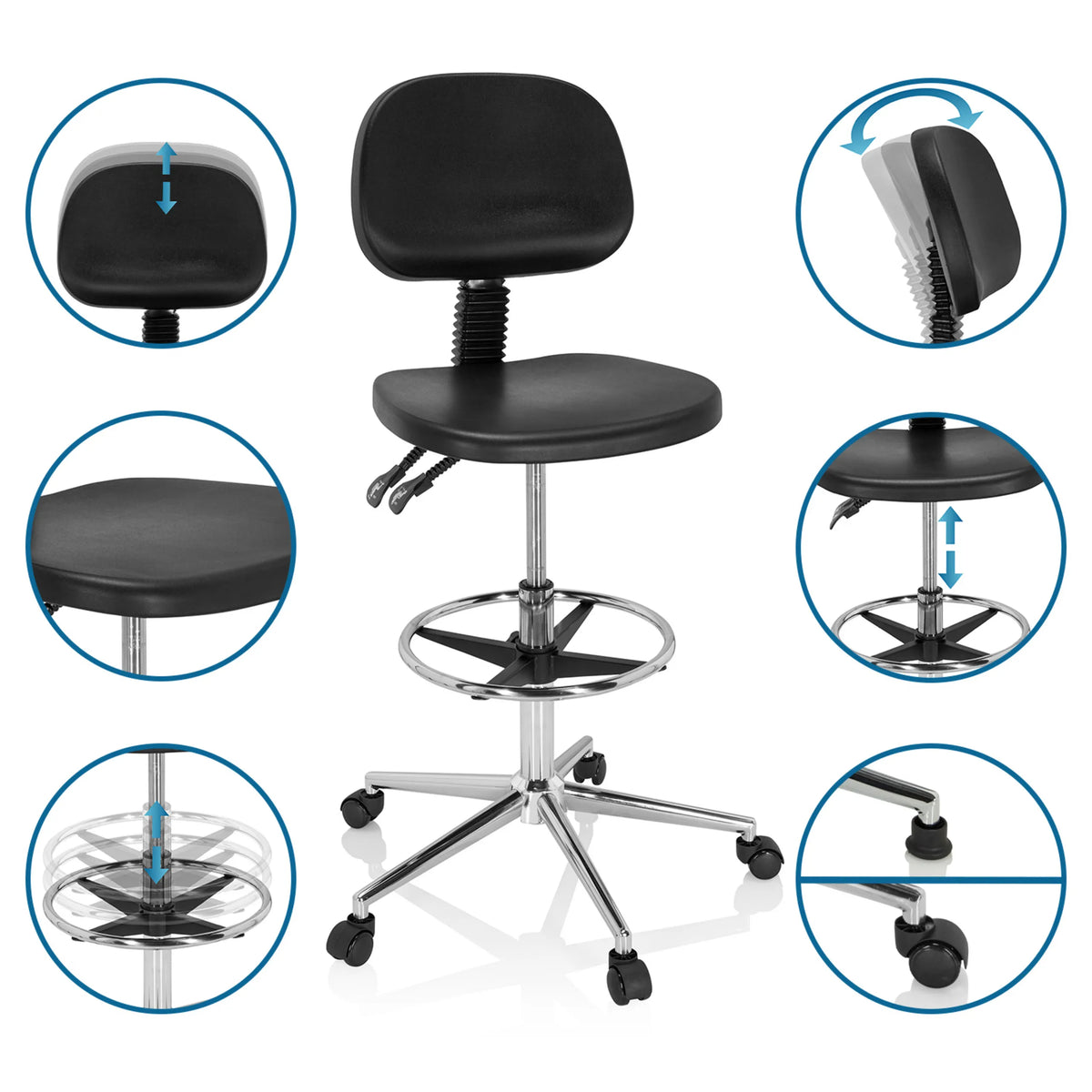 Adjustable features of the Counter chair TOP WORK 24 I in black with footrest and castors by hjh OFFICE