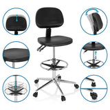 Adjustable features of the Counter chair TOP WORK 24 I in black with footrest and castors by hjh OFFICE