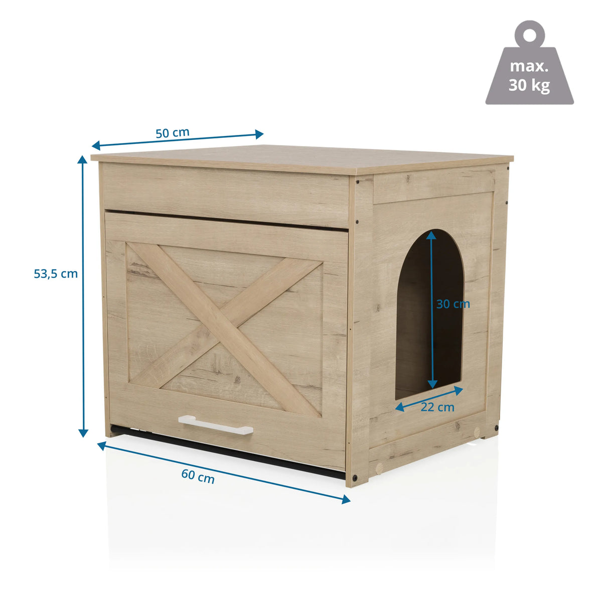 Dimensional drawing of the Cat house KITTY PAWBOX 1 in oak look, 60 × 50 cm by hjh LIVING