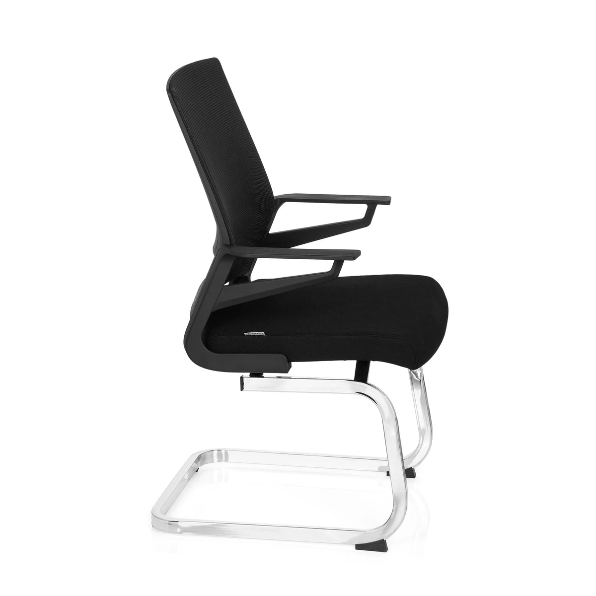 Black Cantilever chair INVENTOR V with mesh back, armrests and sled base by hjh OFFICE – 360-degree view (side profile 80°)