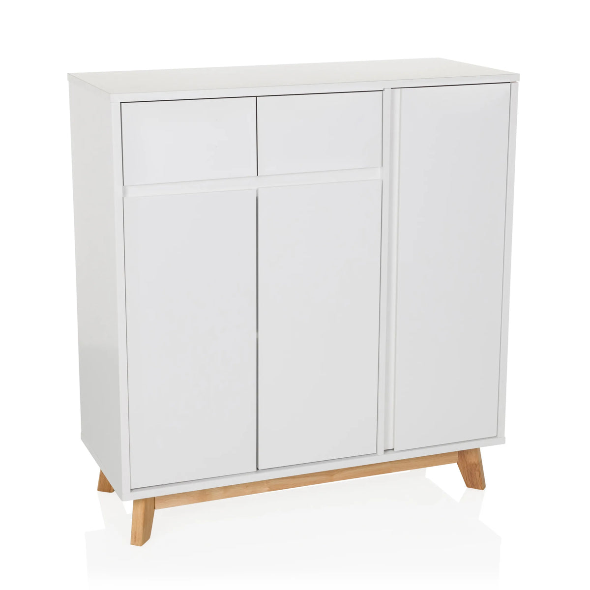 White Chest of drawers ESTHA with two drawers, three doors and light wood legs by hjh LIVING – 360-degree view (front view 15°)