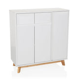 White Chest of drawers ESTHA with two drawers, three doors and light wood legs by hjh LIVING – 360-degree view (front view 15°)
