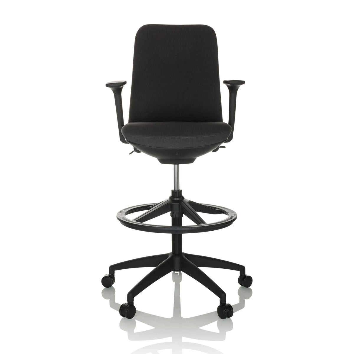 Black Counter chair NESTORA WORK with armrests, foot ring and five-caster base by hjh OFFICE – 360-degree view (front view 0°)