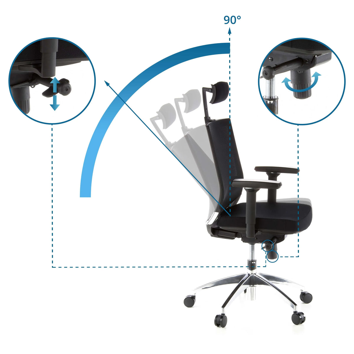 Adjustable backrest of the Professional Office Chair PORTO MAX with a tilt angle of 90 degrees by hjh OFFICE