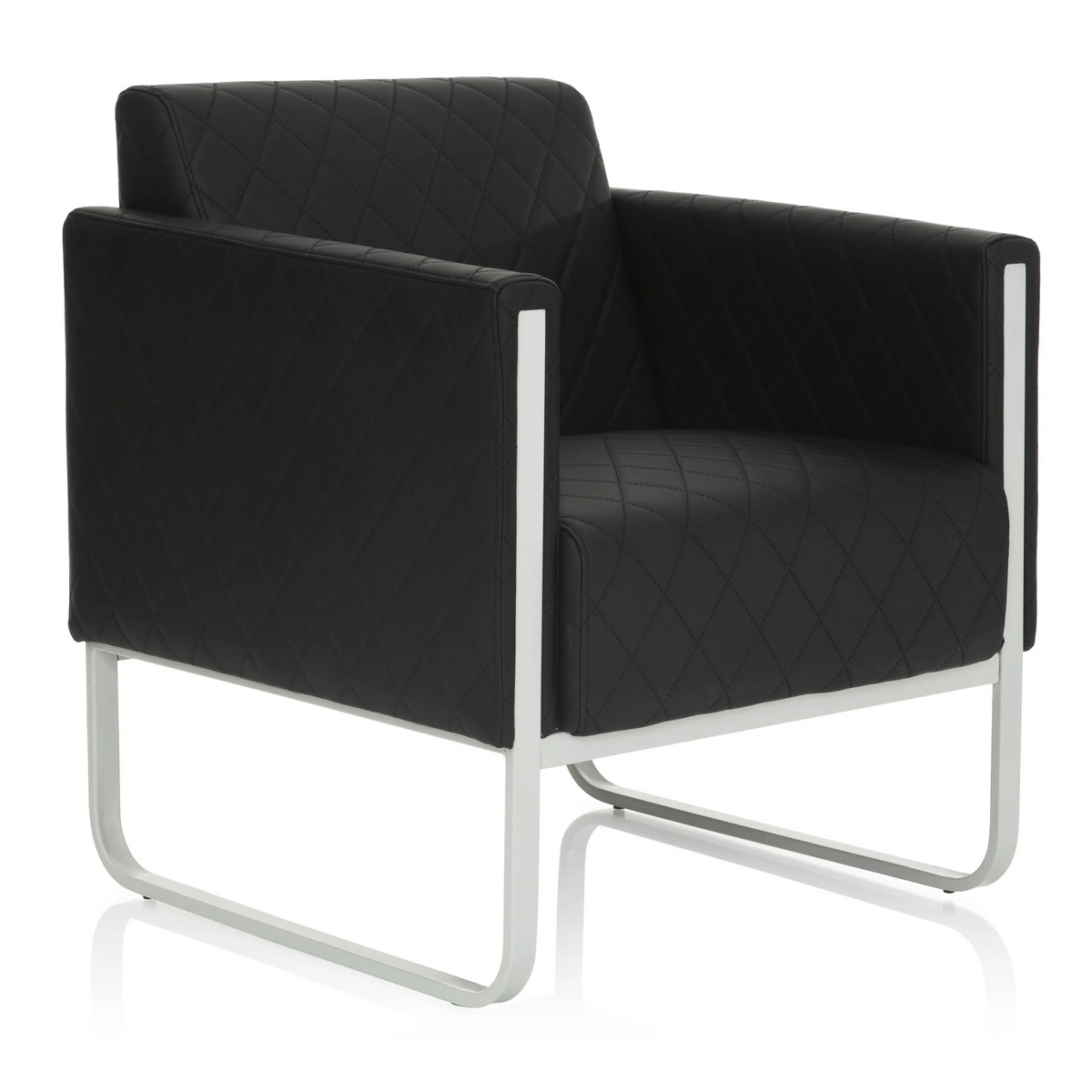 Black upholstered armchair ARUBA STEP with diamond stitching and silver-coloured frame by hjh OFFICE – 360-degree view (front three-quarter view 40°)