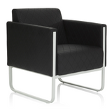 Black upholstered armchair ARUBA STEP with diamond stitching and silver-coloured frame by hjh OFFICE – 360-degree view (front three-quarter view 40°)