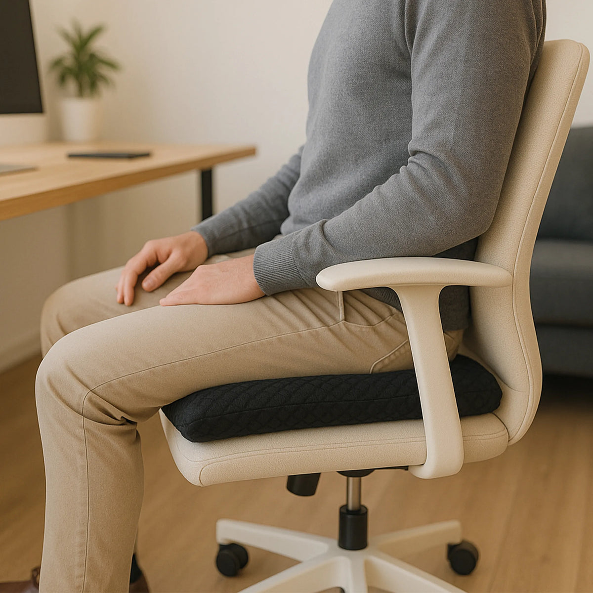 Black MEDISIT I seat cushion on the seat of a light-coloured office chair by hjh OFFICE