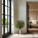 Green artificial plant Olive S in a grey outer pot with a black metal frame by hjh OFFICE