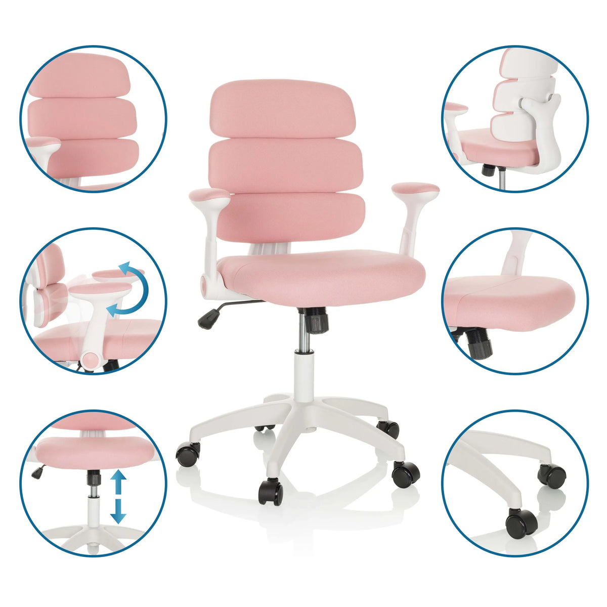 Pink children's swivel chair KID ERGOLINO W with various detailed views of the adjustment options and castors by hjh OFFICE
