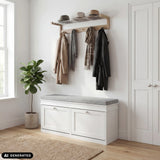 White Estha 11 shoe cabinet with grey seat and coat rack above by hjh LIVING (AI-generated image)