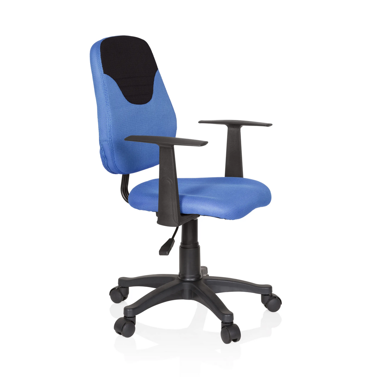 Blue Swivel Chair – Children KIDDY STYLE with mesh back, armrests and five-caster base by hjh OFFICE – 360-degree view (front three-quarter view 60°)