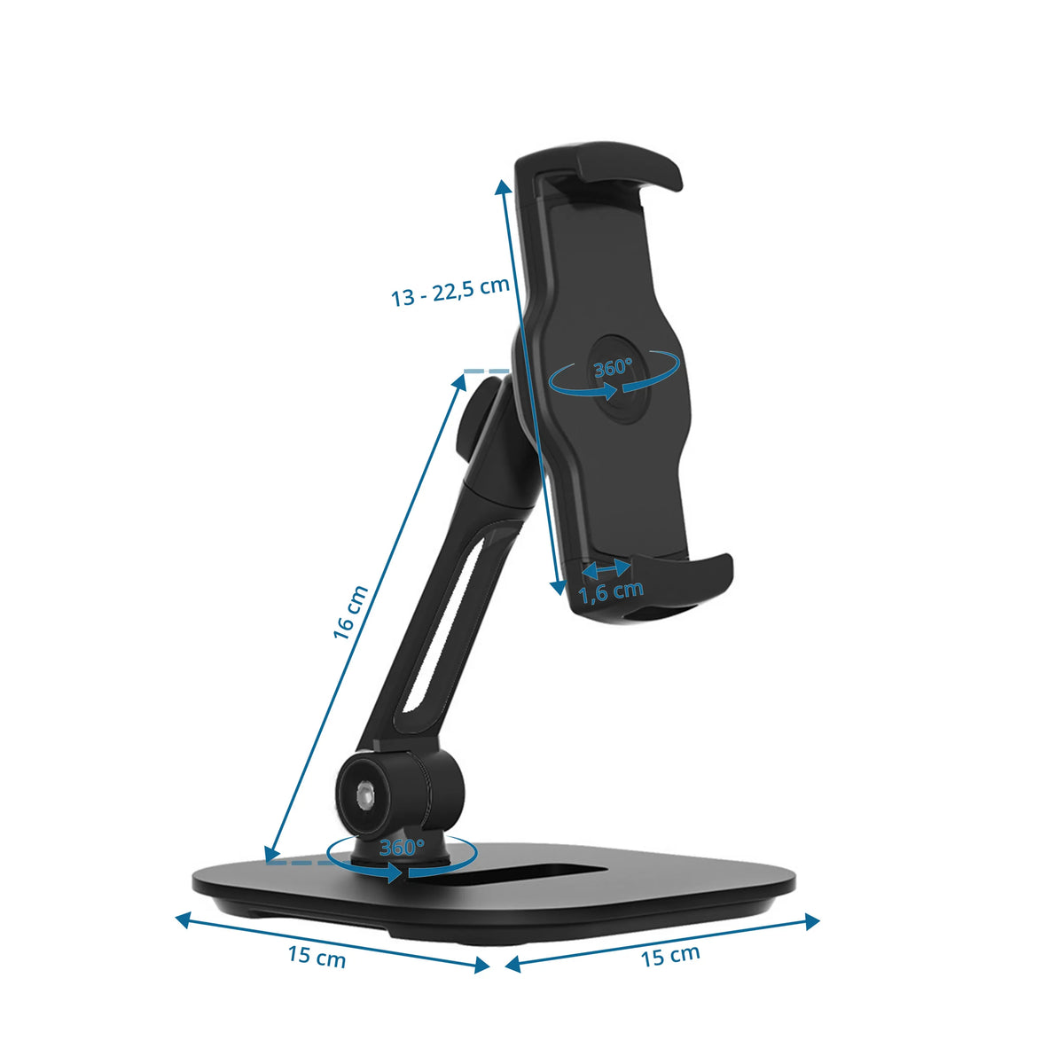 Dimensional drawing of the Mobile phone & tablet holder FLEXMOBI IV with 15 × 15 cm base by hjh OFFICE