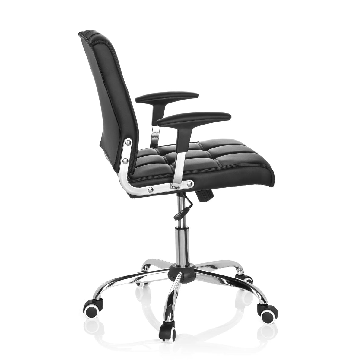 Black Home Office Chair ERNESTO with quilted upholstery and five-caster base by hjh OFFICE – 360-degree view (side profile 100°)