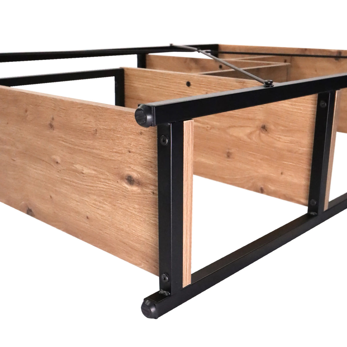 Corner joint made of black metal and oak wood elements of the Shelf Kalag Eco by hjh LIVING