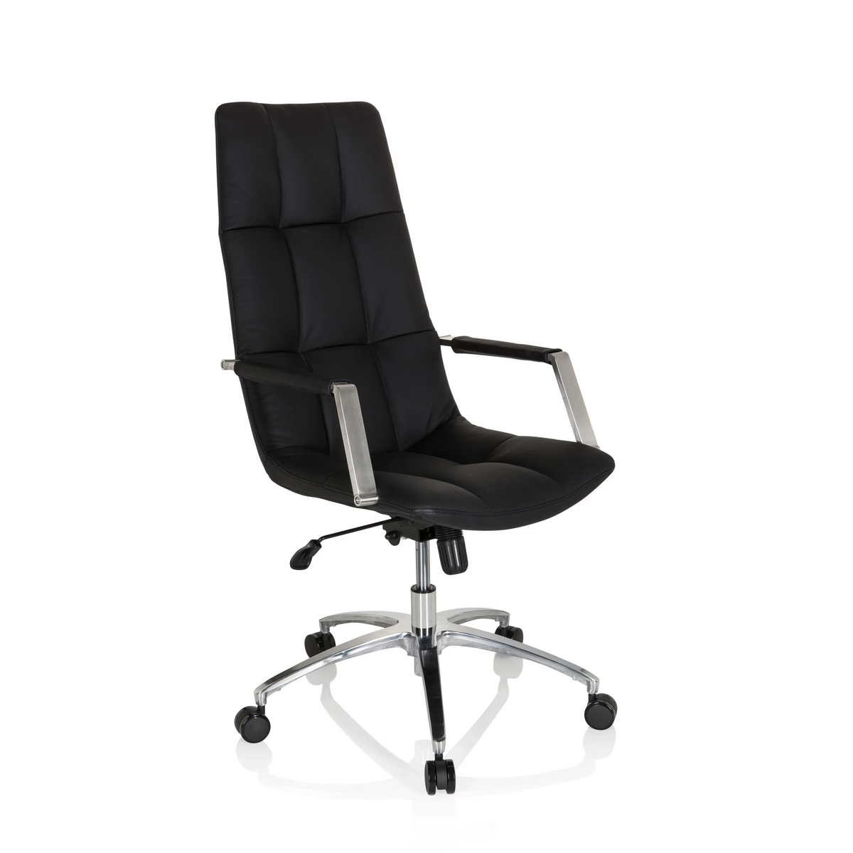 Black leather Home Office Executive Chair SARANTO PRO with glossy five-caster base by hjh OFFICE – 360-degree view (front three-quarter view 38°)