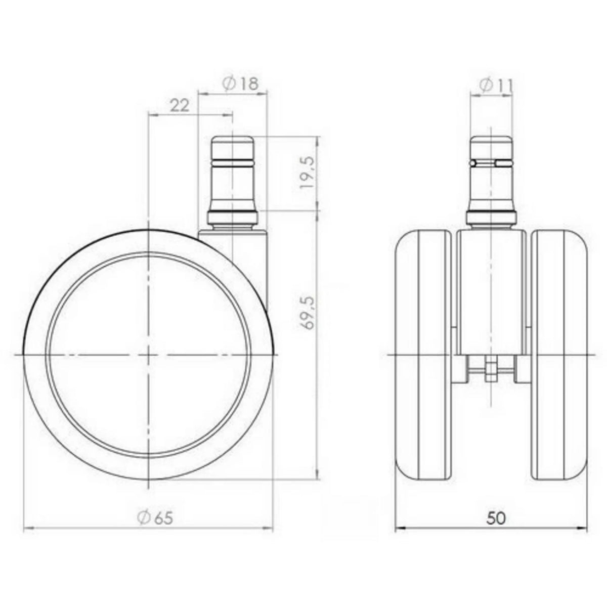 Technical drawing of the 65 mm diameter Castors 5x ROLO FREE 11mm/65mm by hjh OFFICE