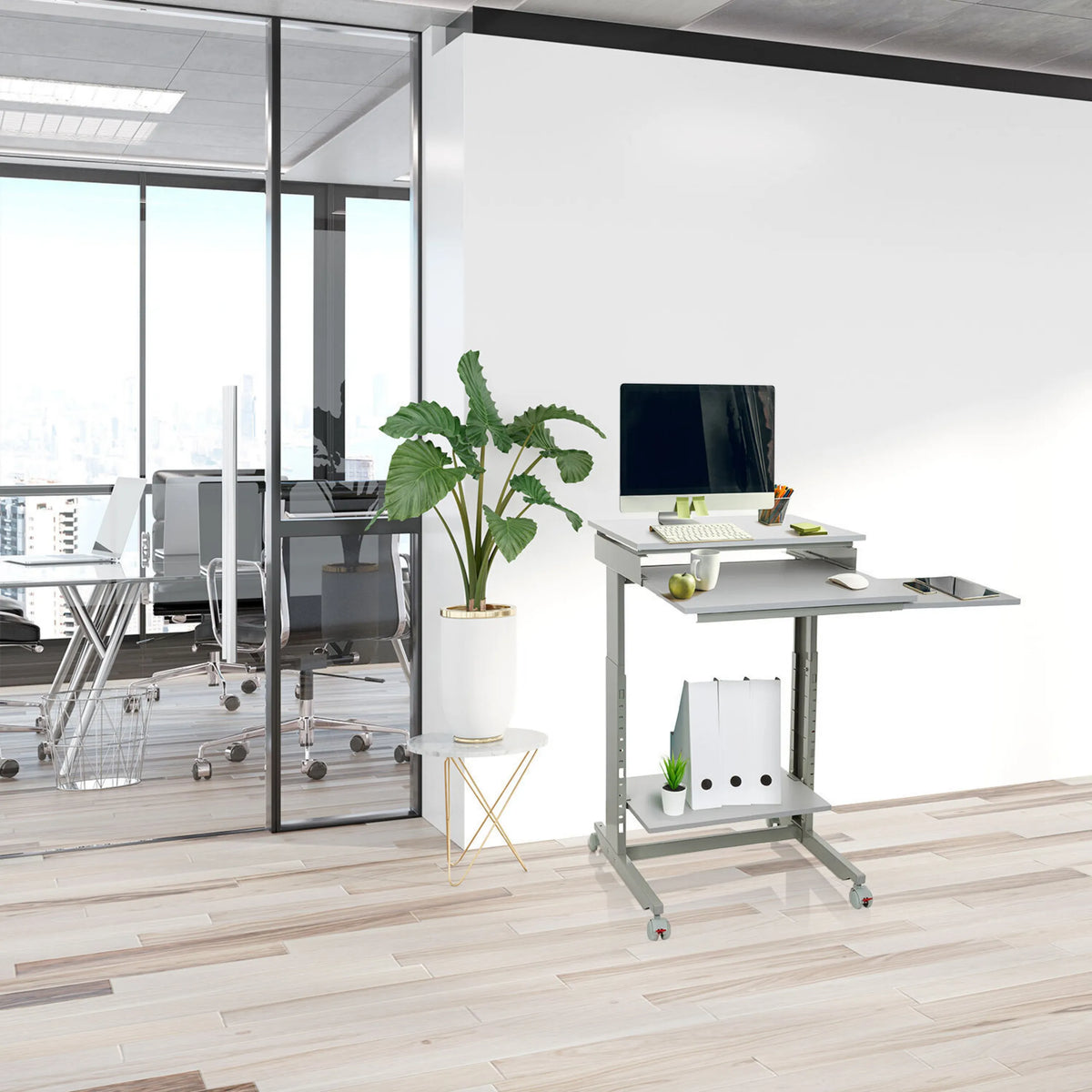 Grey standing desk WORKSTATION, size 60 × 50 cm, with storage compartment and castors by hjh OFFICE