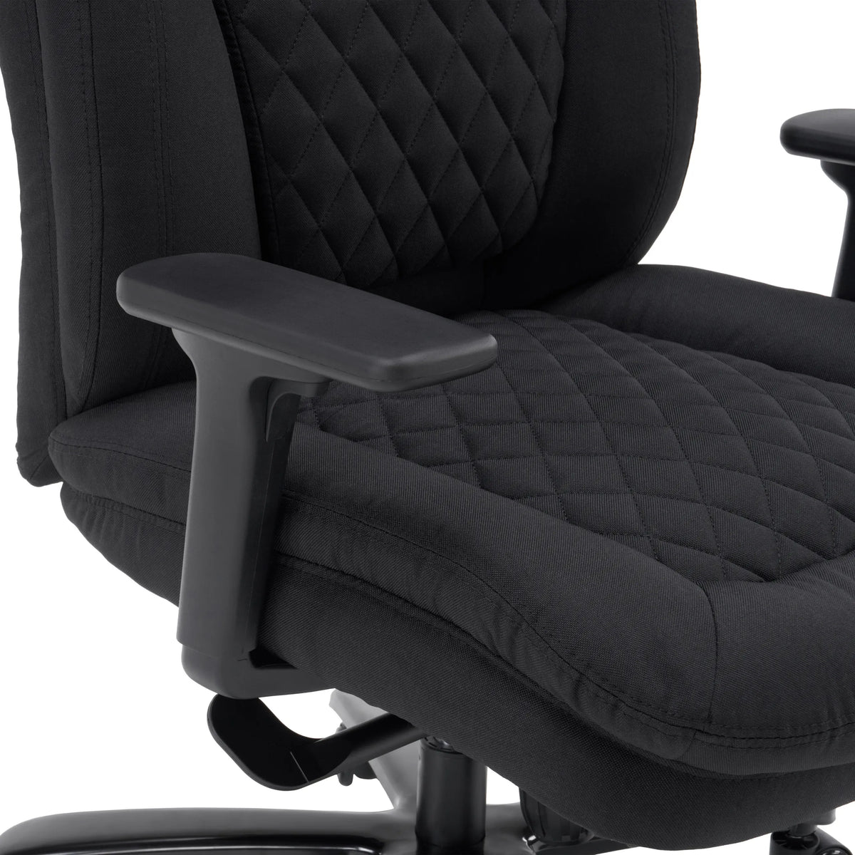 Armrest and quilted fabric upholstery of the XXL Pullmann Gen2 swivel chair in black by hjh OFFICE