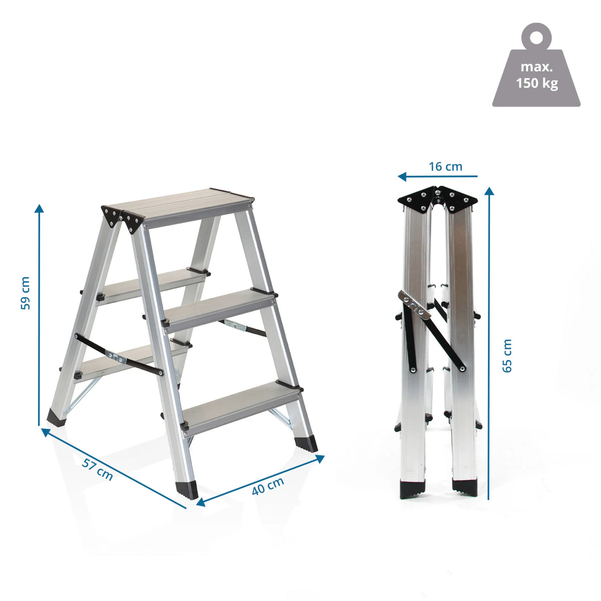 Dimensional drawing of the Folding Ladder SOLID with a height of 59 cm and a load capacity of 150 kg by hjh OFFICE