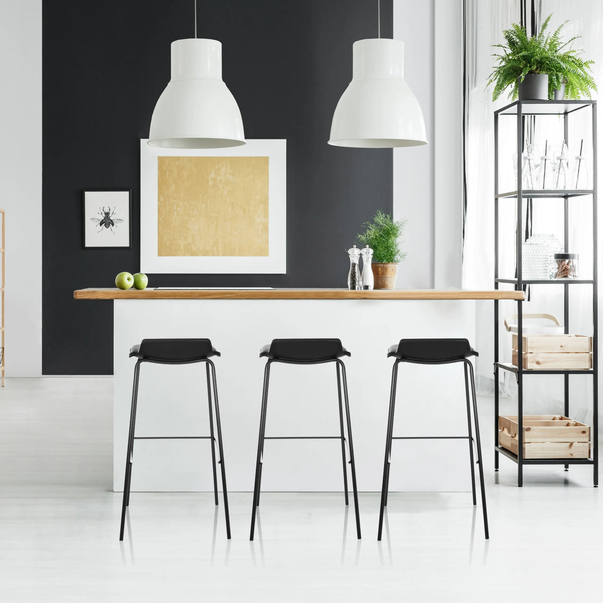 Three black LONSO 10 bar stools with slender legs at a white counter with a wooden top by hjh OFFICE
