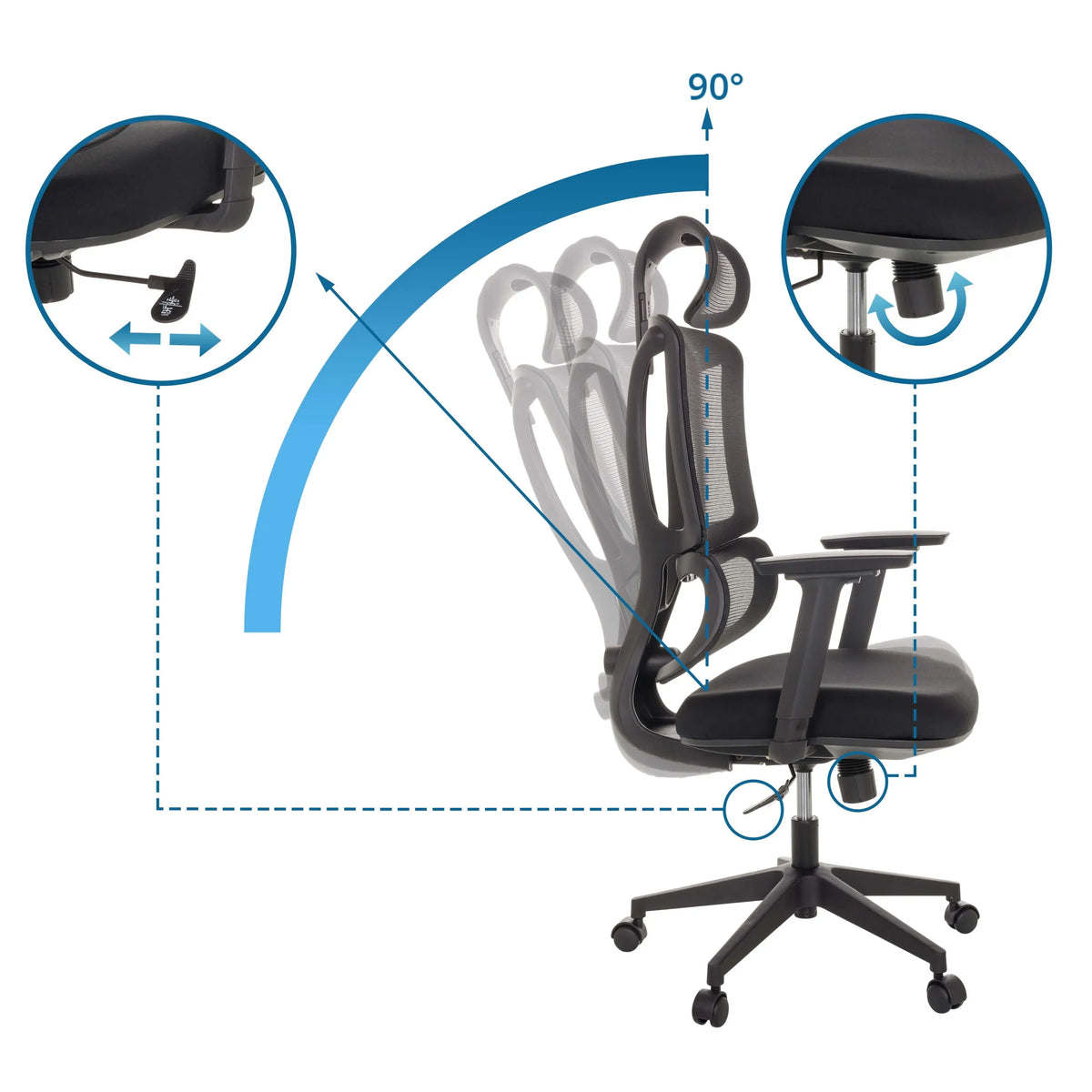 Adjustable backrest with a 90 degree inclination angle of the Home Office Chair ERGOMY by MyBuero