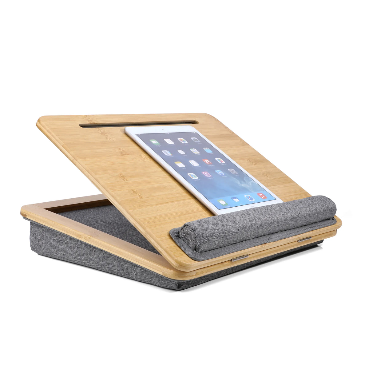 COMFILAP III Laptop Pad made of brown bamboo with grey padding and a tablet by hjh OFFICE