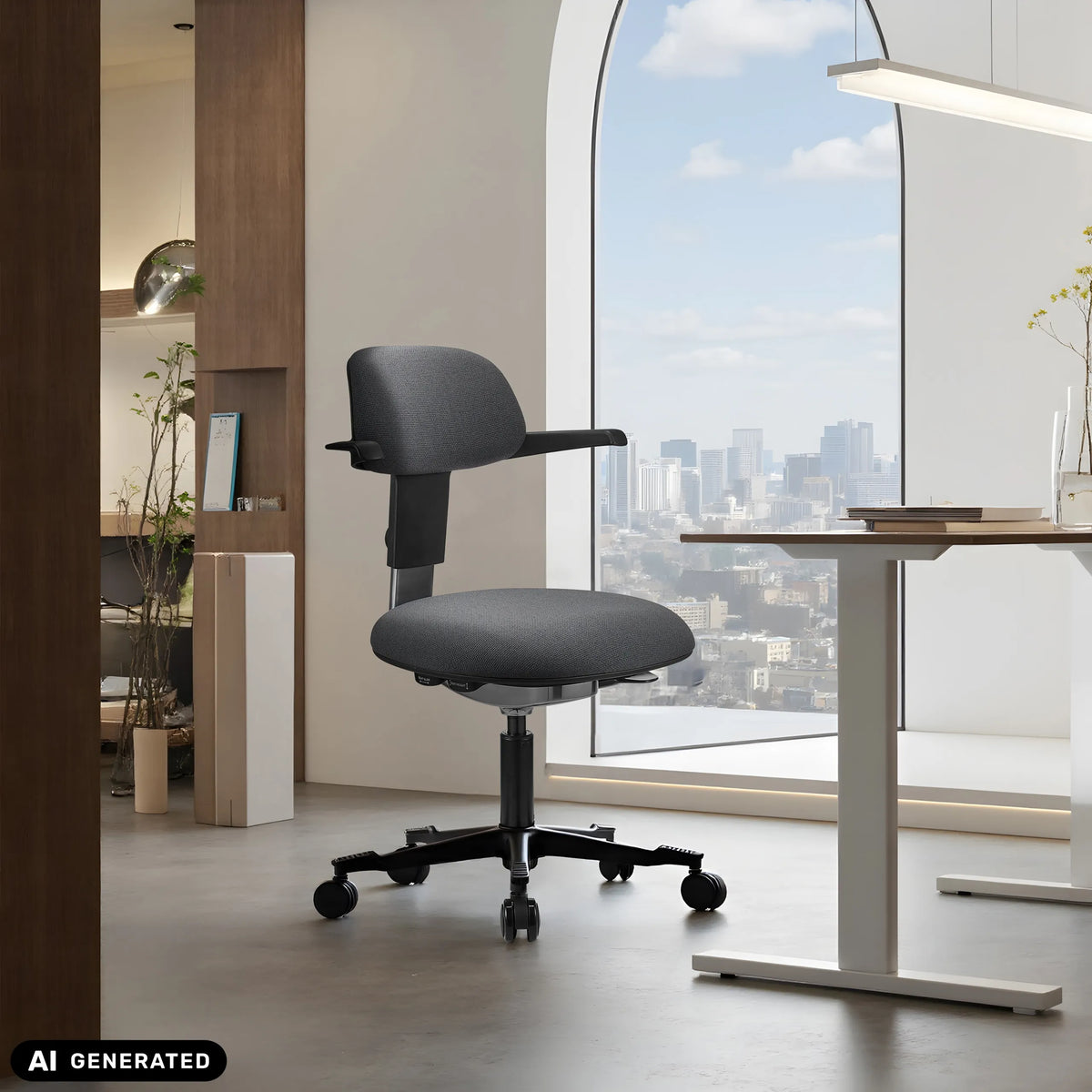 Dark grey WORK 40 work chair with armrests and castors in front of a window by hjh OFFICE (AI-generated image)