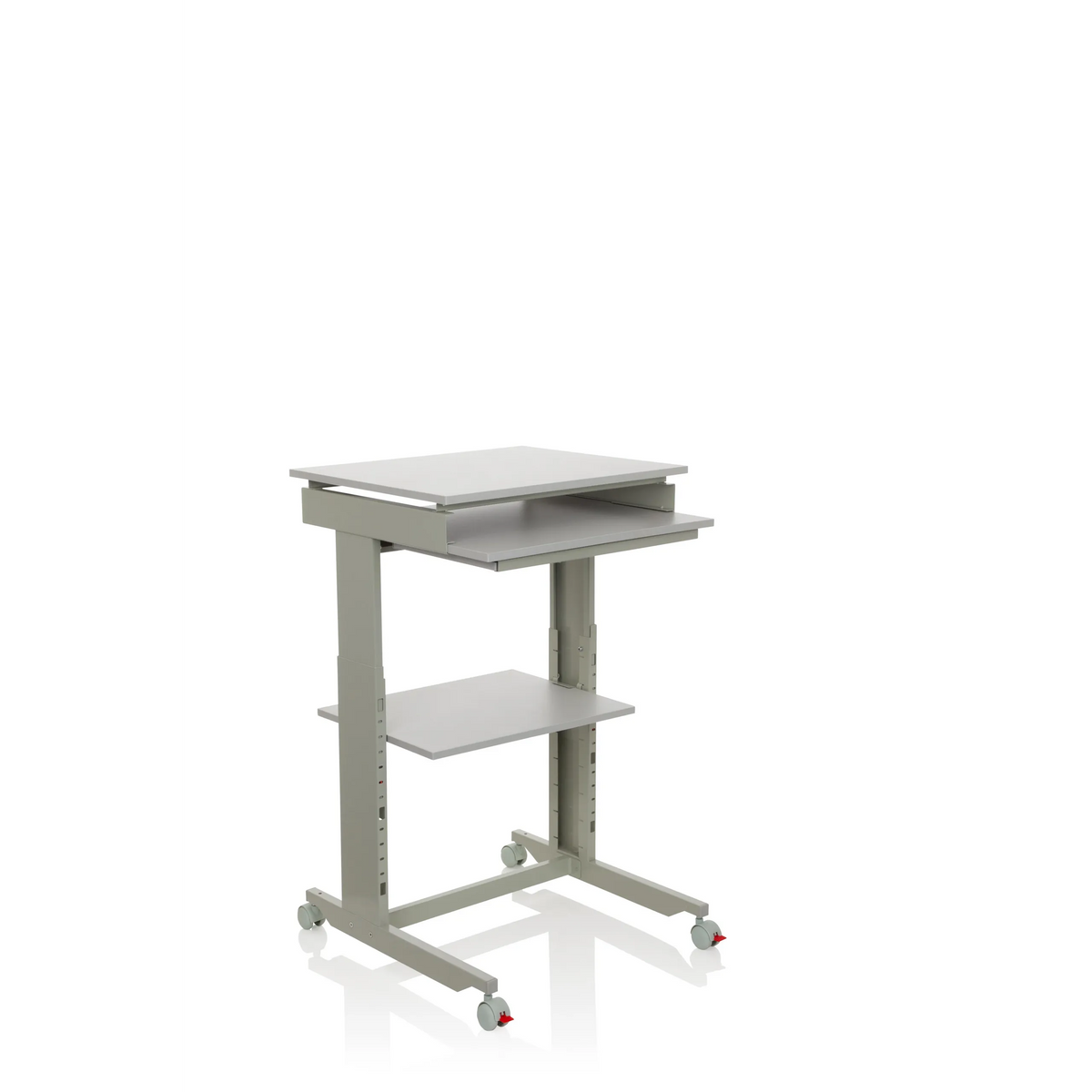 Grey Standing desk WORKSTATION with shelf and four casters by hjh OFFICE – 360-degree view (front three-quarter view 40°)