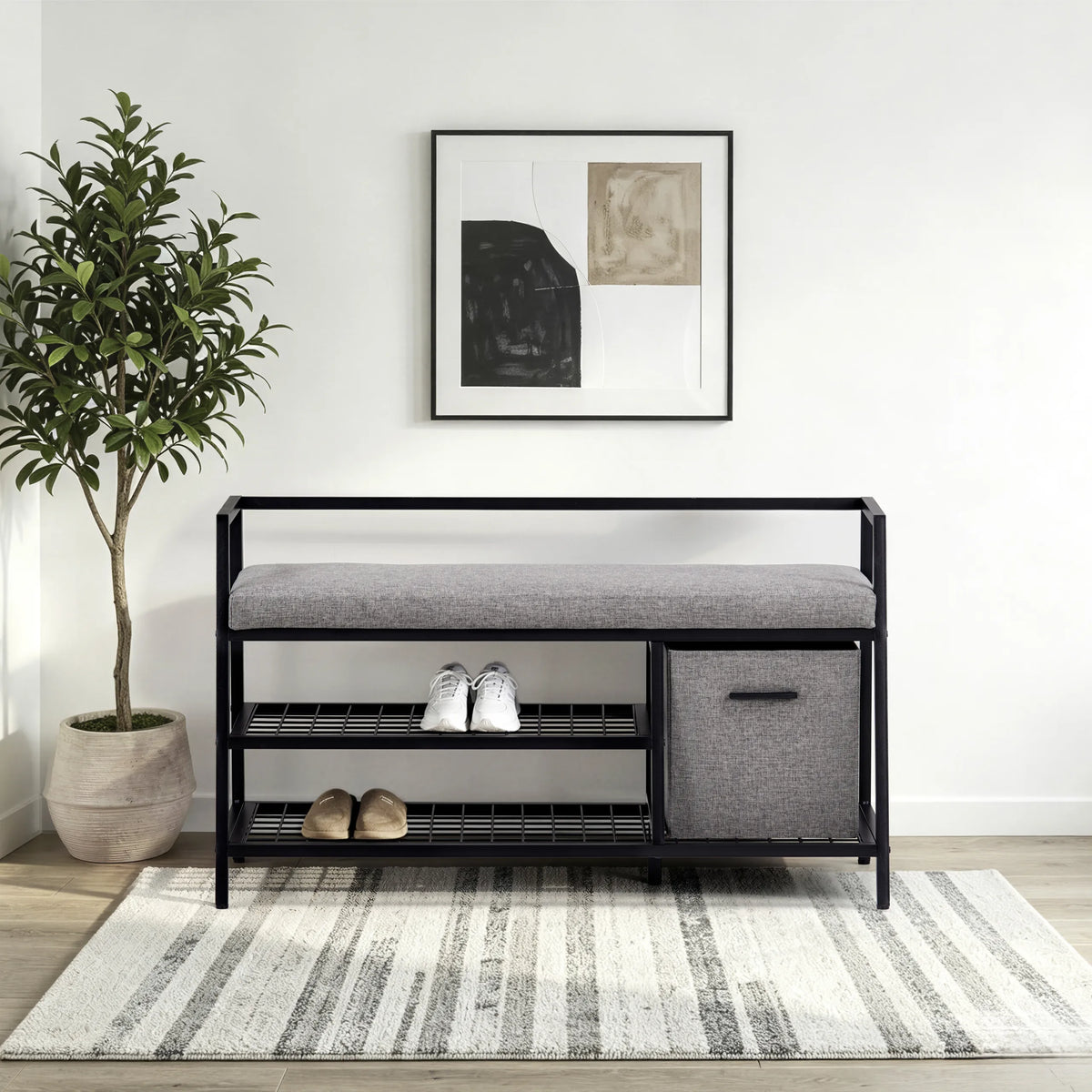 Estha Loft shoe cabinet in black and grey with seat cushion, two shelves and a fabric basket by hjh LIVING