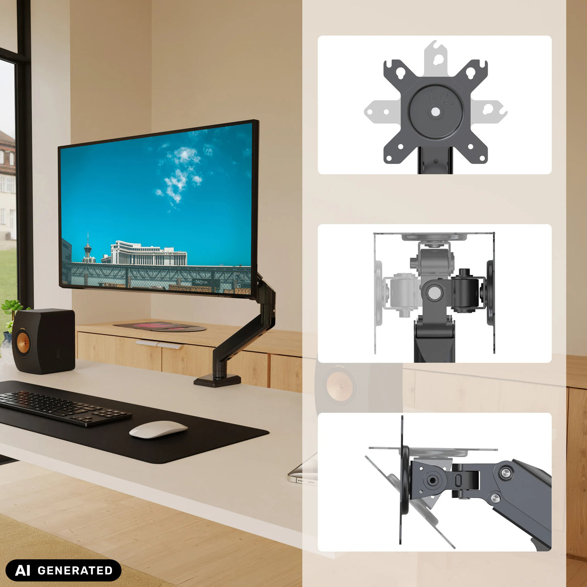Monitorhalterung Ergomount GF1 mit VESA-Adapterplatte und Gelenkmechanismen von hjh OFFICE (KI-generiertes Bild)