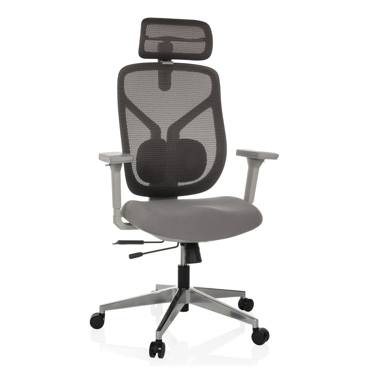 Grey High End Office Chair CASSILIS W with mesh back and five-caster base by hjh OFFICE – 360-degree view (front view 15°)