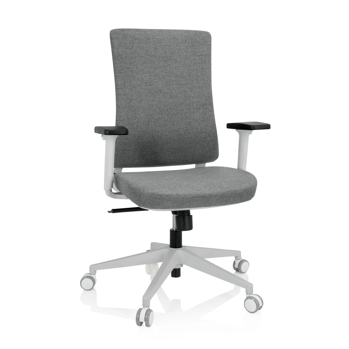 Grey Professional Office Chair COMFIO WP with armrests and a white five-caster base by hjh OFFICE – 360-degree view (front view 20°)