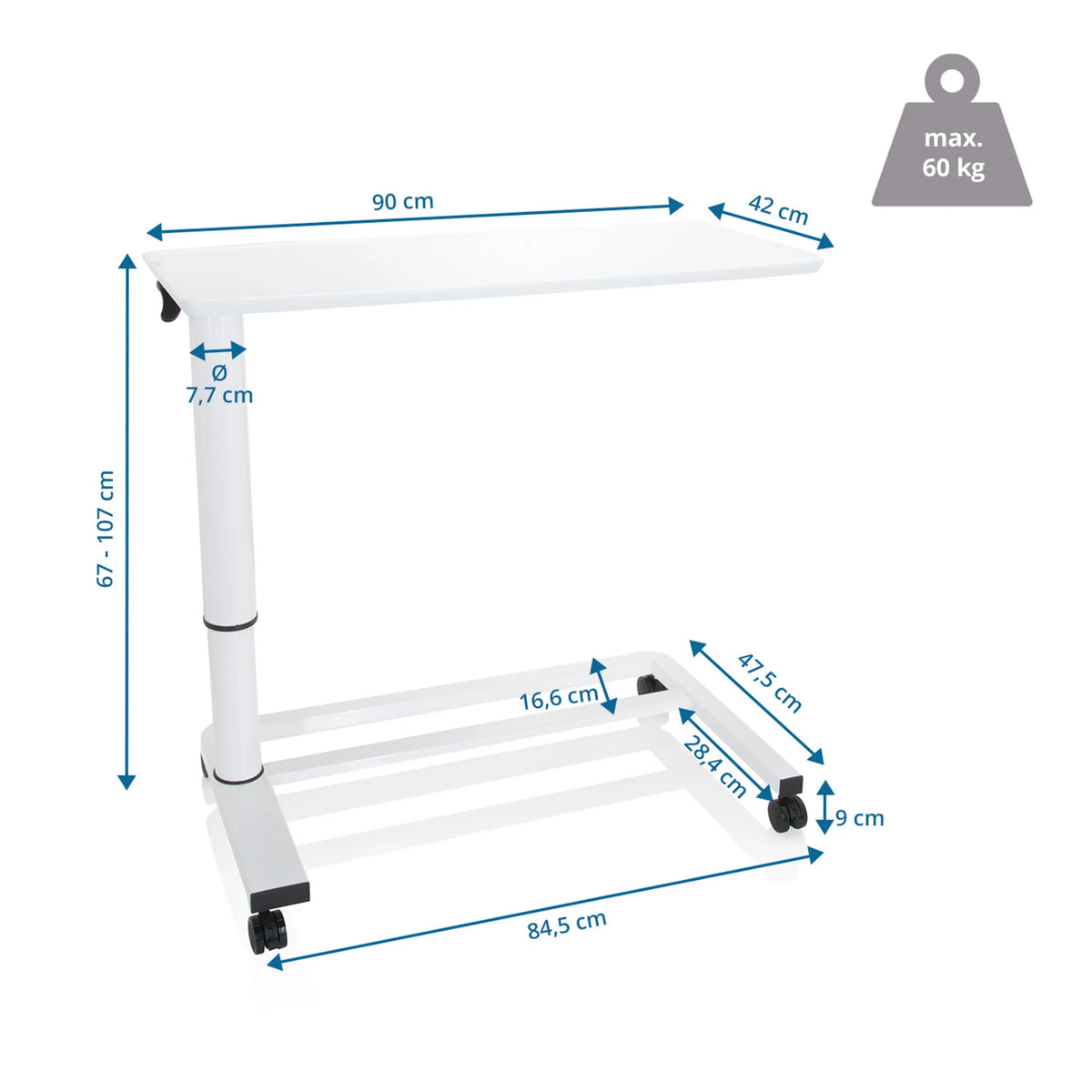 Technical drawing of the Standing desk STAND II with 90 × 42 cm work surface by hjh OFFICE