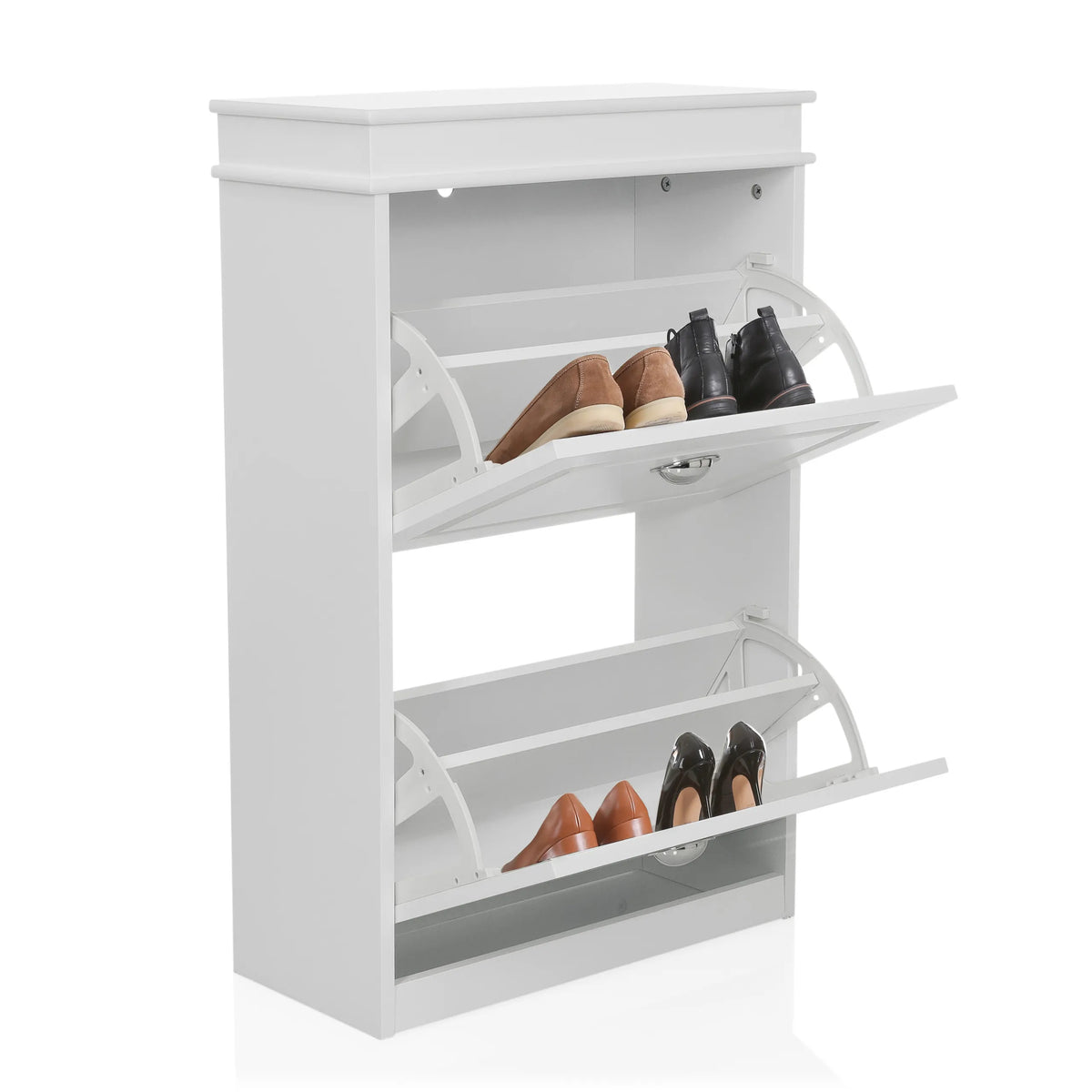 White ESTHA 2 shoe cabinet with two open drop-down compartments containing shoes by hjh LIVING